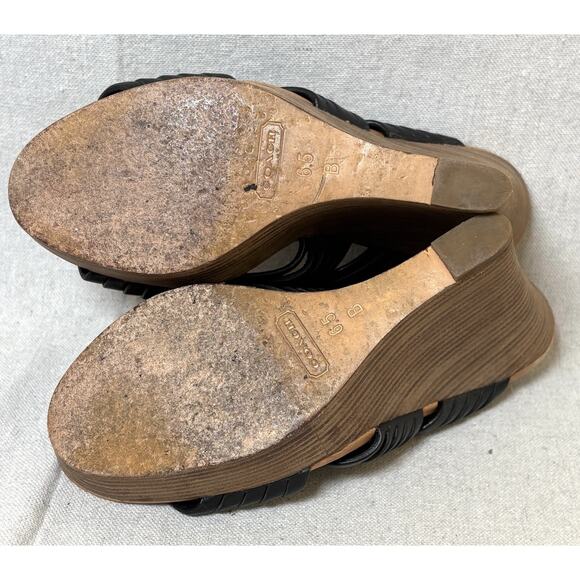 Coach Women’s 6.5 Black Leather Bristol Strappy Wedge Sandals - Picture 6 of 7